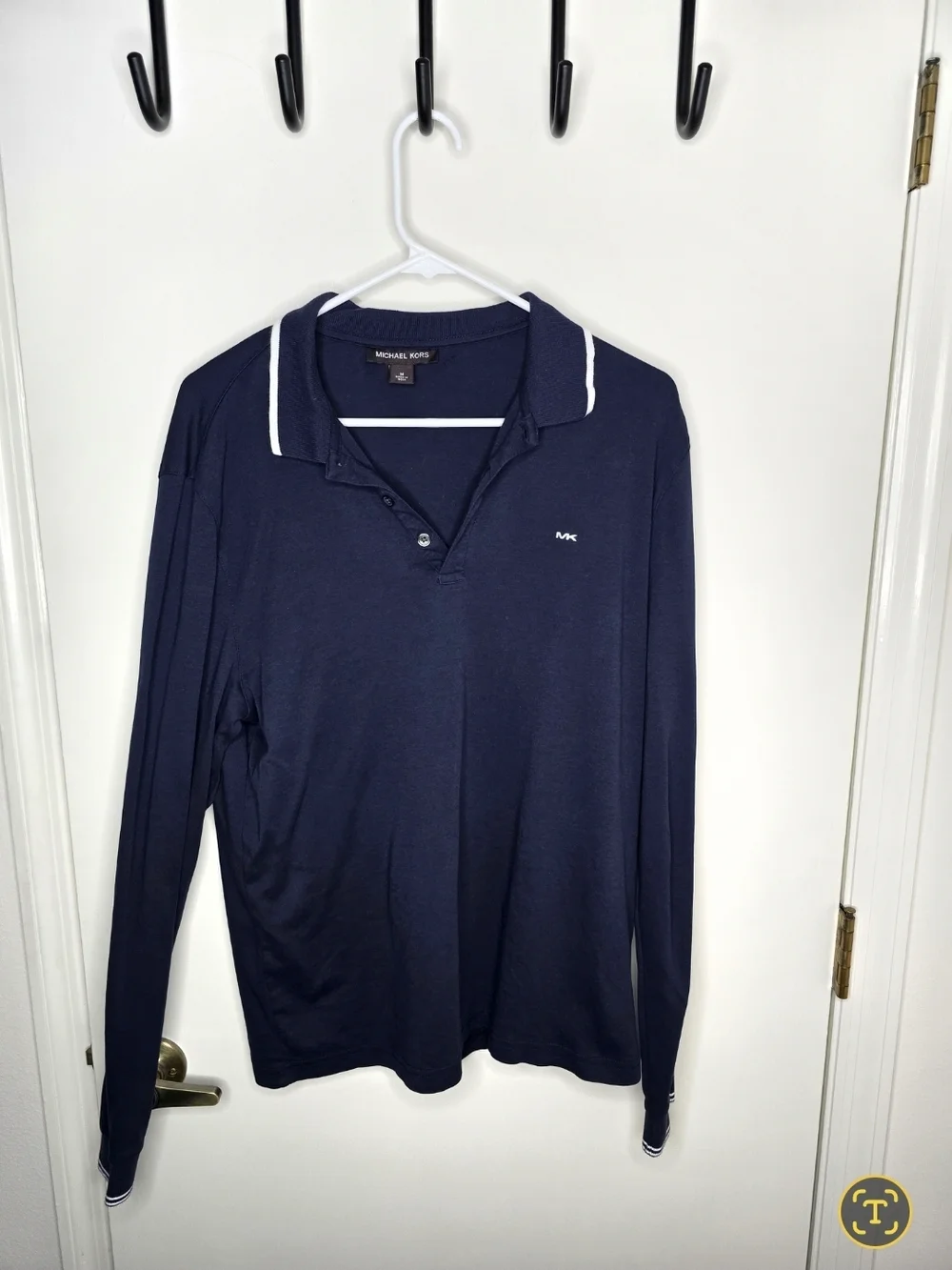 Michael Kors Navy Long Sleeve Polo with White Trim Medium